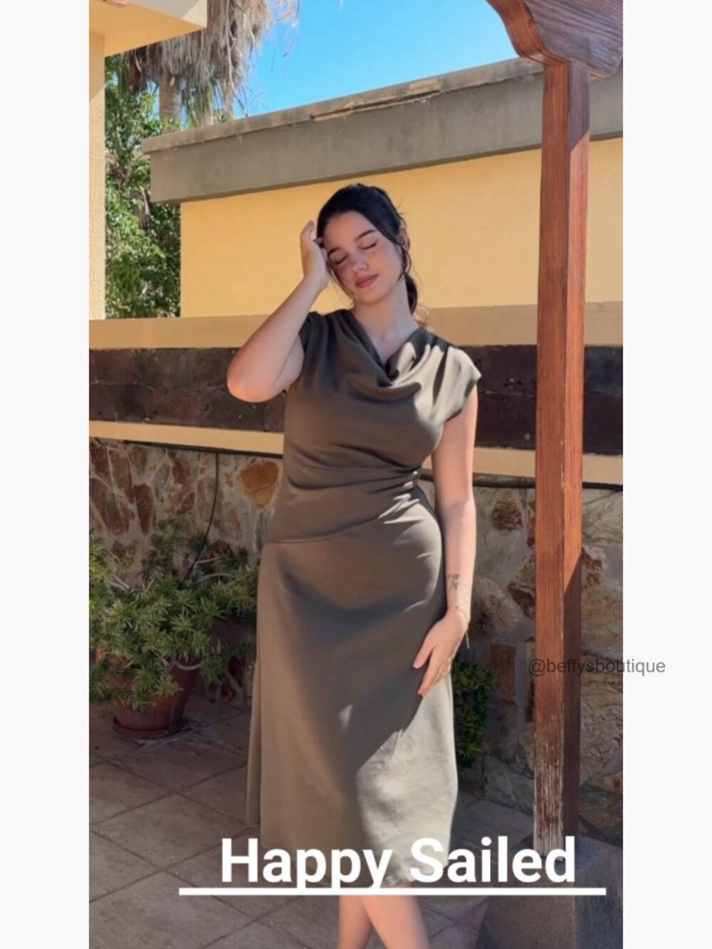 Short Sleeve Cowl Neck Ruched Waist A Line Midi Dress Flowy Party Cocktail Dress - Picture 7 of 7